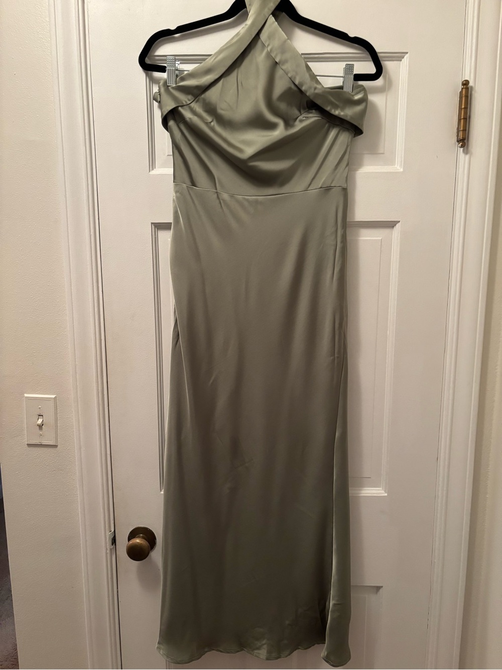 White House Black Market Sage Green Satin Halter Maxi Dress
Size 10